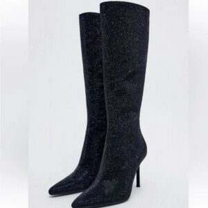 Zara Black rhinestone Knee High Heeled Boots